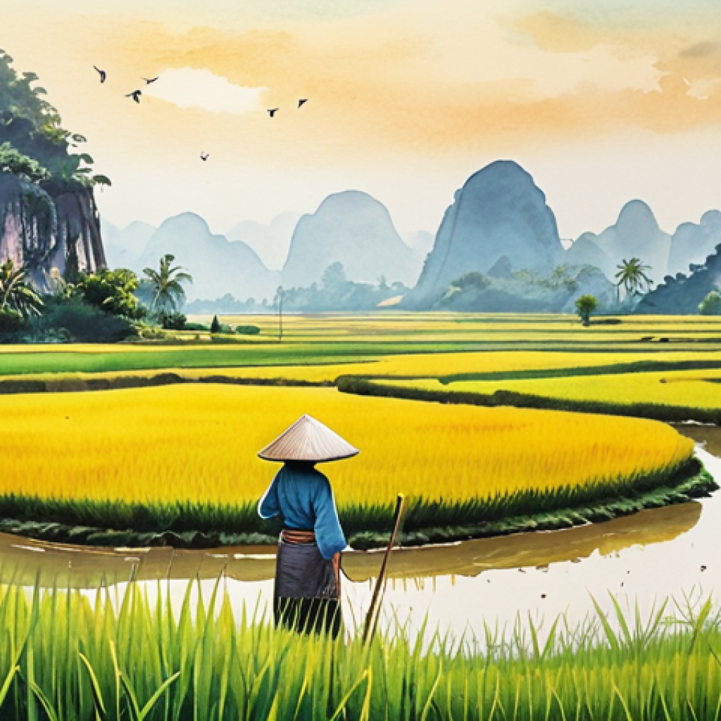A beginner-friendly watercolor painting of a tranquil Vietnamese landscape with rice paddies and conical hats. Soft, flowing colors and gentle gradients capture the serenity of rural Vietnam.