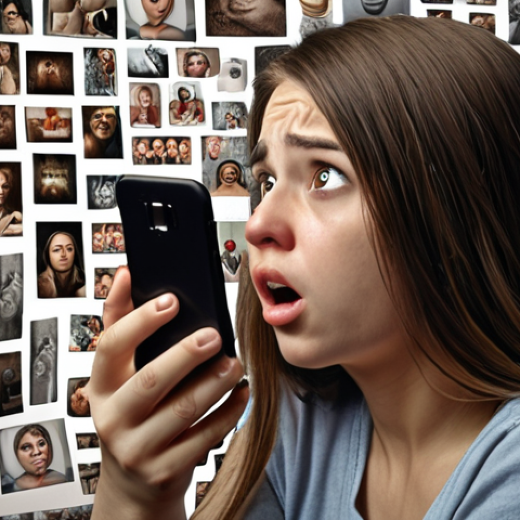 **

A person looking overwhelmed by social media on their phone, with numerous notifications and idealized images surrounding them. Focus on conveying feelings of inadequacy and pressure to conform. Use a slightly desaturated color palette to emphasize the emotional weight.

**