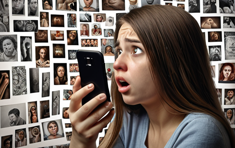 **

A person looking overwhelmed by social media on their phone, with numerous notifications and idealized images surrounding them. Focus on conveying feelings of inadequacy and pressure to conform. Use a slightly desaturated color palette to emphasize the emotional weight.

**