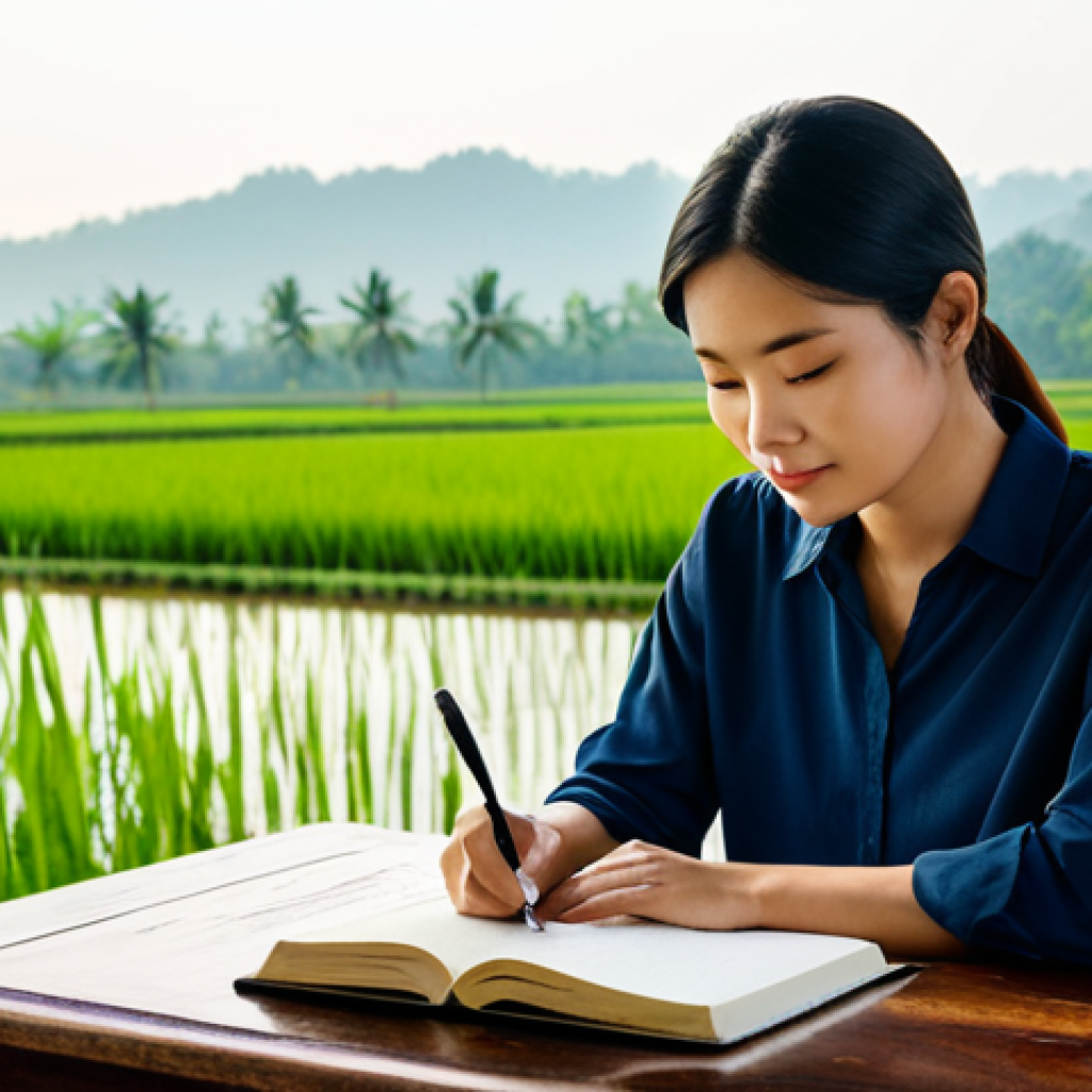 Journaling & Reflection**
"A woman, fully clothed in comfortable attire, sitting at a wooden desk illuminated by soft daylight, writing in a beautiful, leather-bound journal. In the background, a calming view of a serene rice paddy. Focus on peacefulness, self-reflection, and appropriate content. Safe for work, professional quality."
**