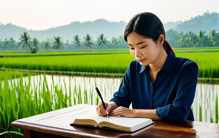 Journaling & Reflection**
"A woman, fully clothed in comfortable attire, sitting at a wooden desk illuminated by soft daylight, writing in a beautiful, leather-bound journal. In the background, a calming view of a serene rice paddy. Focus on peacefulness, self-reflection, and appropriate content. Safe for work, professional quality."
**