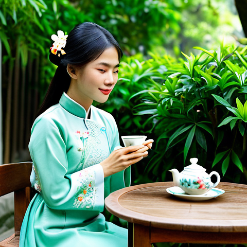 ** A young Vietnamese woman in a traditional Ao Dai, fully clothed, sitting at a small wooden table in a peaceful garden in Hanoi. She is drinking a cup of green tea. Lush green plants and colorful flowers surround her. Soft, natural lighting. Safe for work, appropriate content, modest, family-friendly, perfect anatomy, natural proportions, professional photography, high quality.
**