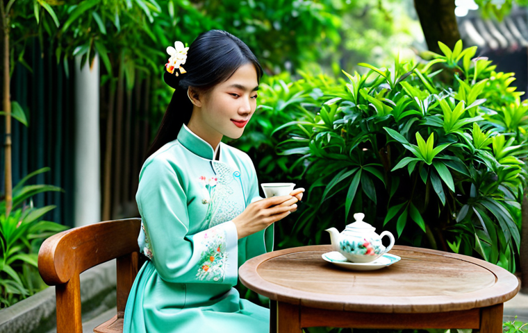 ** A young Vietnamese woman in a traditional Ao Dai, fully clothed, sitting at a small wooden table in a peaceful garden in Hanoi. She is drinking a cup of green tea. Lush green plants and colorful flowers surround her. Soft, natural lighting. Safe for work, appropriate content, modest, family-friendly, perfect anatomy, natural proportions, professional photography, high quality.
**