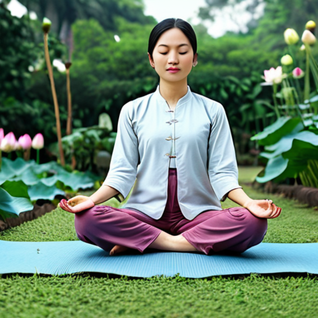 자기 돌봄의 심리적 효과 분석 - Mindful Relaxation**
"A Vietnamese woman in comfortable, modest clothing practices yoga in a serene...
