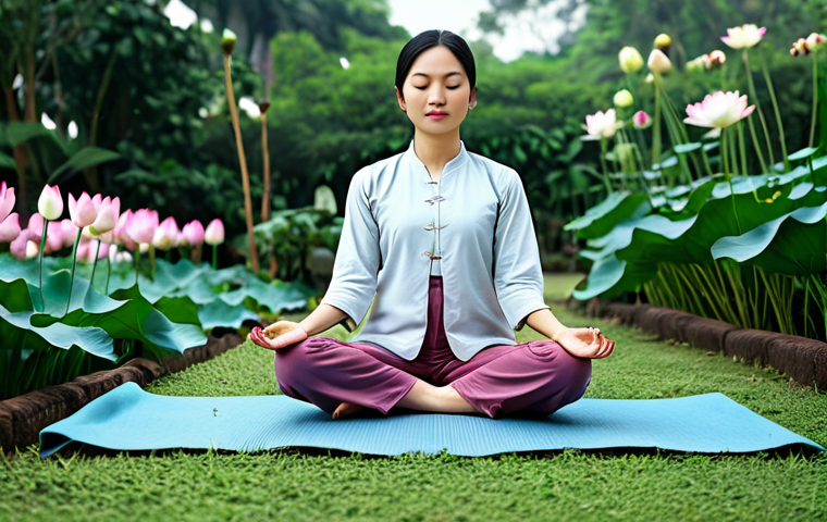 자기 돌봄의 심리적 효과 분석 - Mindful Relaxation**
"A Vietnamese woman in comfortable, modest clothing practices yoga in a serene...