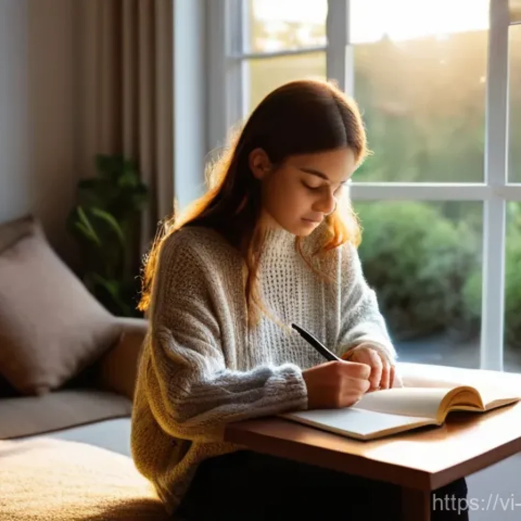 자기 돌봄 일지 작성하기 효과와 방법 - **Prompt: Emotional Release and Tranquility through Journaling**
A serene young woman, in her ea...