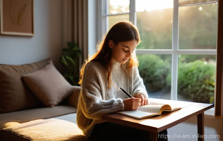 자기 돌봄 일지 작성하기 효과와 방법 - **Prompt: Emotional Release and Tranquility through Journaling**
A serene young woman, in her ea...