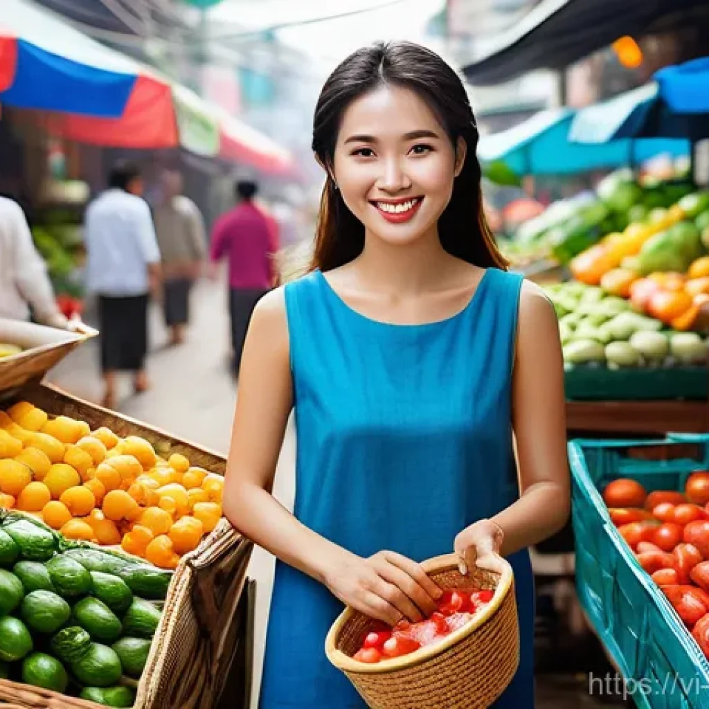 자기 돌봄을 위한 영양 관리의 중요성 - **Prompt:** A vibrant, sun-drenched scene at a bustling traditional Vietnamese market. A radiant you...