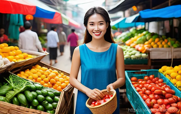 자기 돌봄을 위한 영양 관리의 중요성 - **Prompt:** A vibrant, sun-drenched scene at a bustling traditional Vietnamese market. A radiant you...