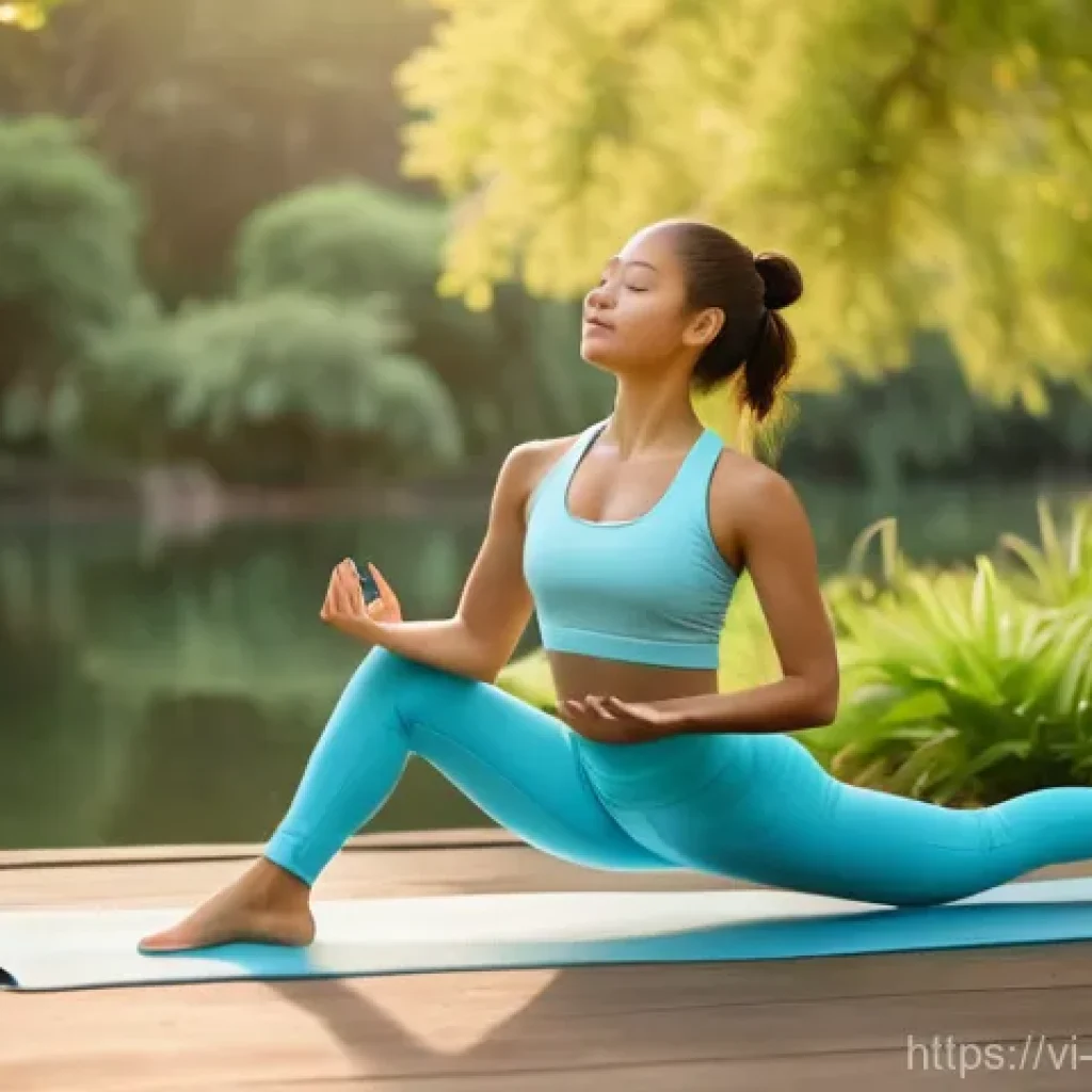 자기 돌봄의 개념과 발전 과정 - **"A serene young woman, in her late 20s, practices gentle yoga stretches outdoors at sunrise. She i...