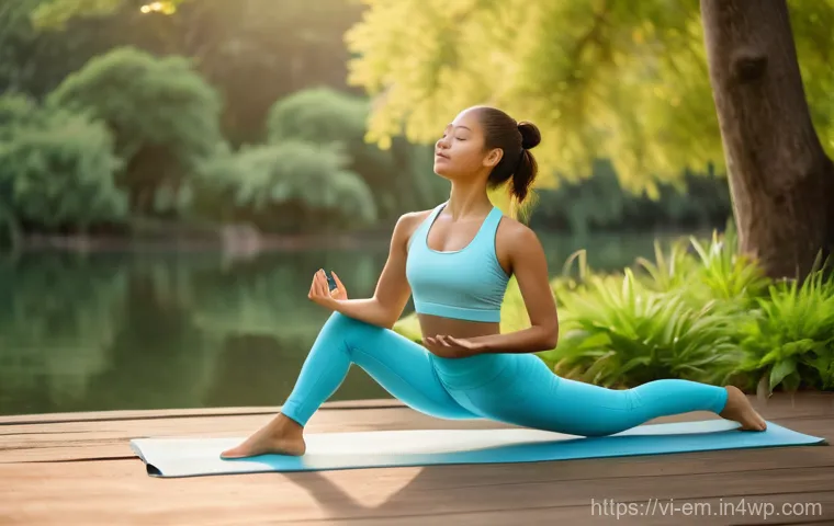 자기 돌봄의 개념과 발전 과정 - **"A serene young woman, in her late 20s, practices gentle yoga stretches outdoors at sunrise. She i...