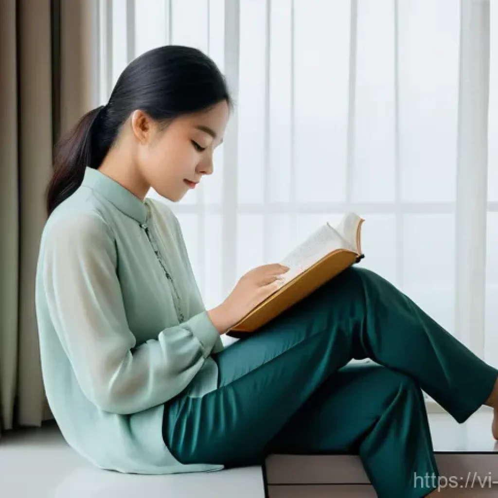 자기 돌봄을 위한 심리적 안전망 구축하기 - A serene young Vietnamese woman, in her mid-20s, sits comfortably on a cushioned window seat filled ...