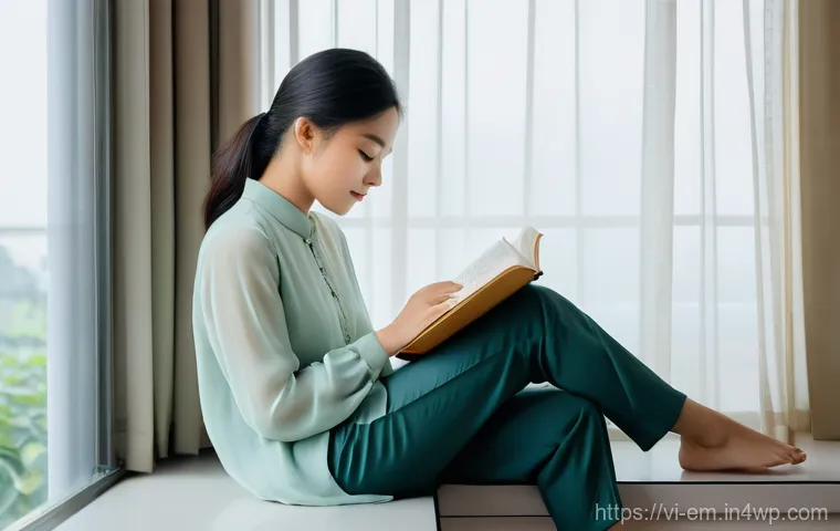 자기 돌봄을 위한 심리적 안전망 구축하기 - A serene young Vietnamese woman, in her mid-20s, sits comfortably on a cushioned window seat filled ...