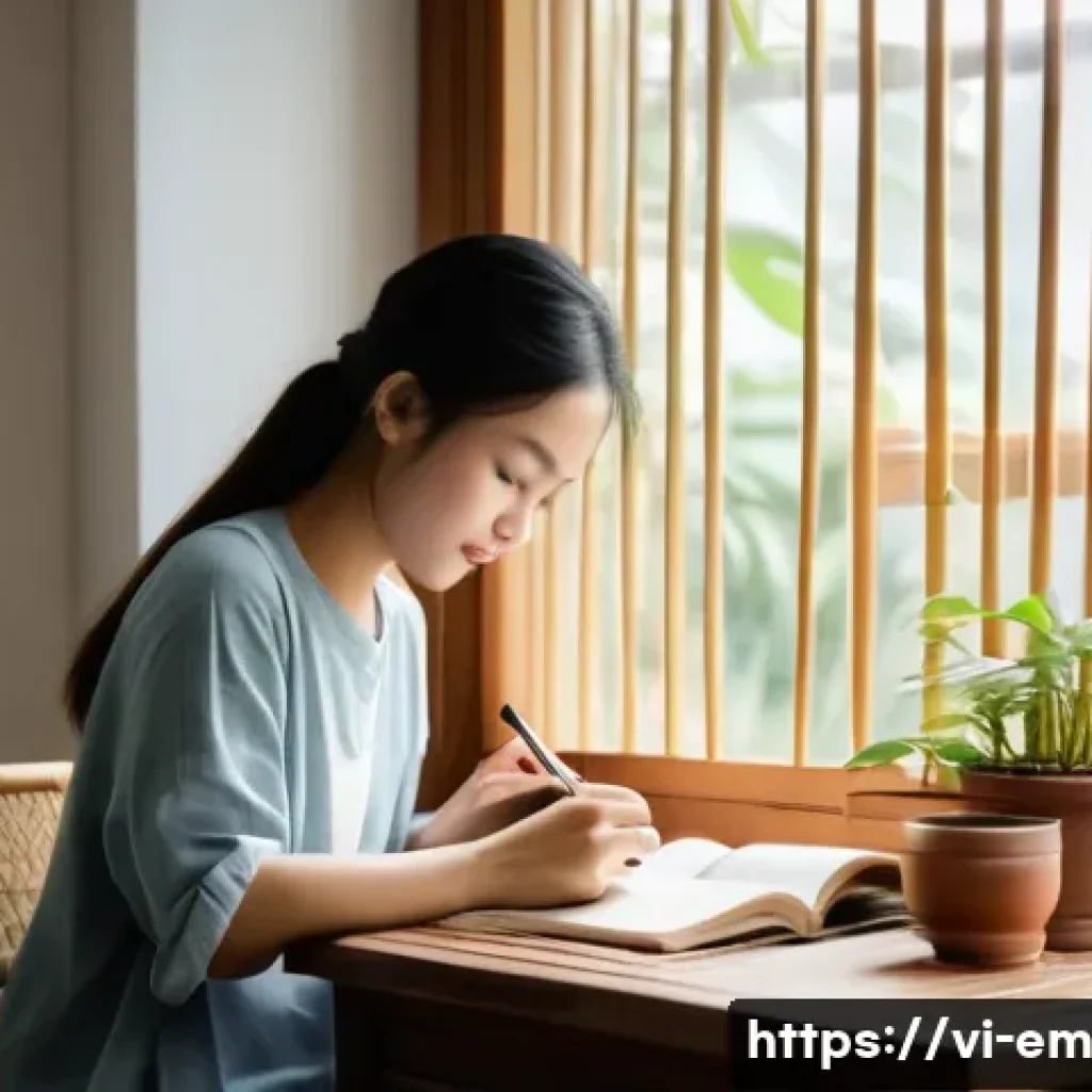 자기 돌봄을 위한 목표 설정 워크숍 - A cozy and bright Vietnamese home interior scene in the early morning, showing a young Vietnamese wo...
