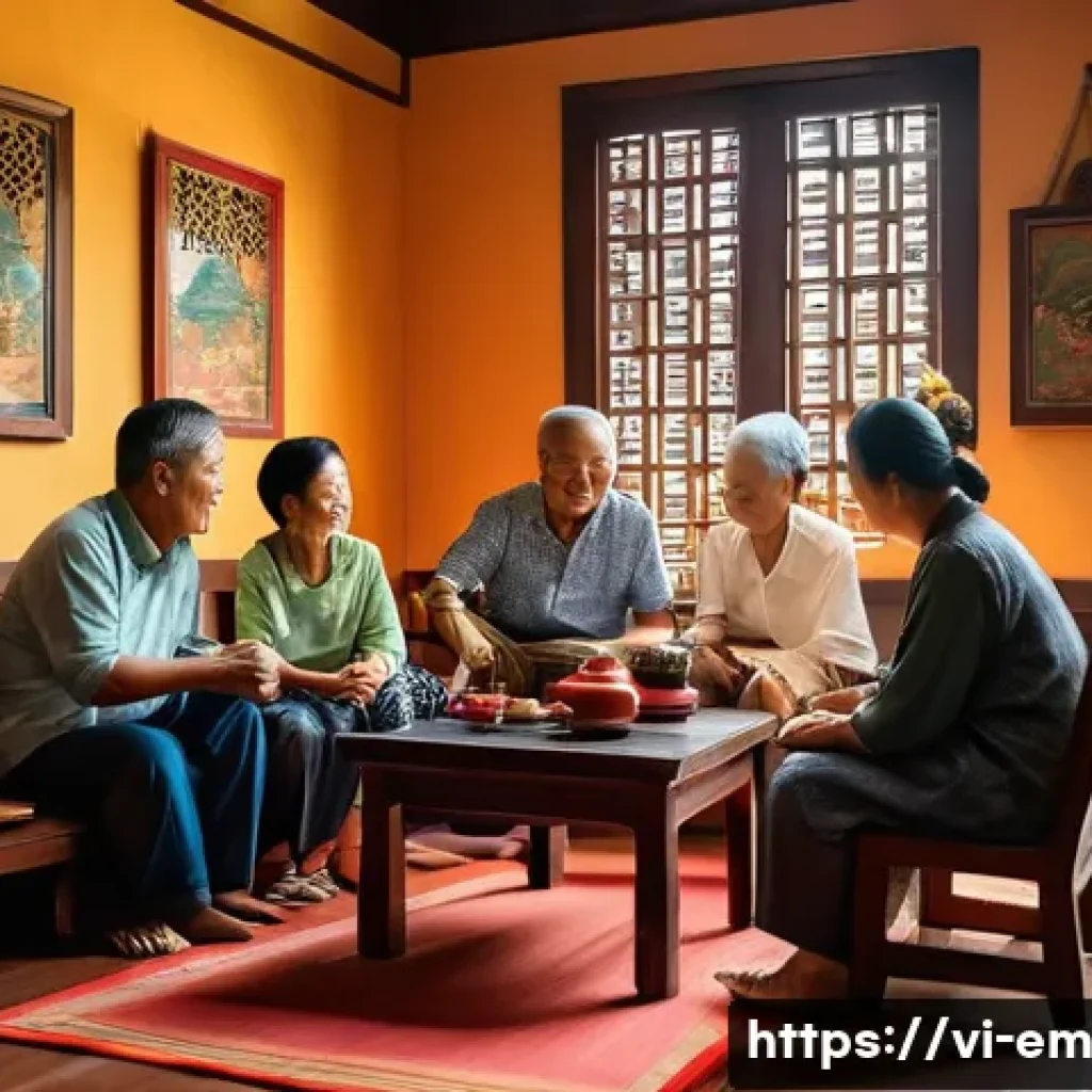 자기 돌봄을 위한 지원 네트워크 구축하기 - A warm and intimate family scene in a Vietnamese home, showing a multi-generational family gathered ...