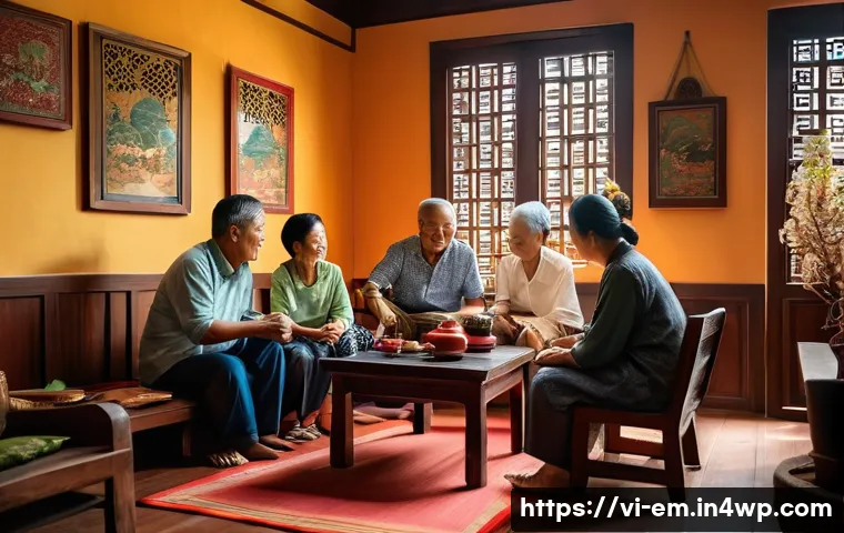 자기 돌봄을 위한 지원 네트워크 구축하기 - A warm and intimate family scene in a Vietnamese home, showing a multi-generational family gathered ...