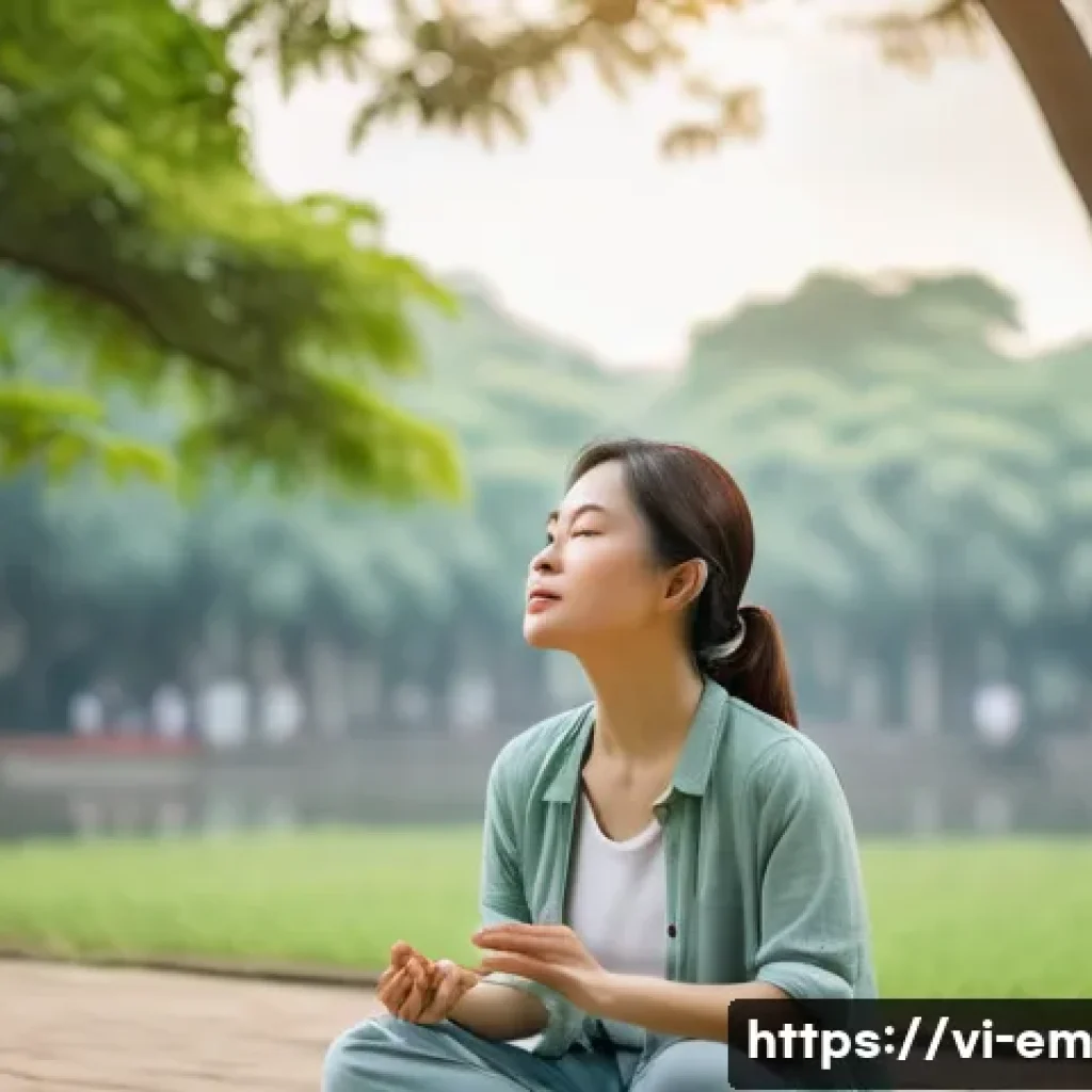 자기 돌봄을 위한 필수적인 기술 배우기 - A serene Vietnamese woman practicing deep breathing exercises outdoors in a lush Hanoi park during e...