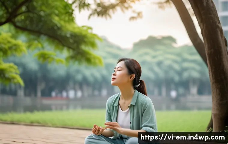 자기 돌봄을 위한 필수적인 기술 배우기 - A serene Vietnamese woman practicing deep breathing exercises outdoors in a lush Hanoi park during e...