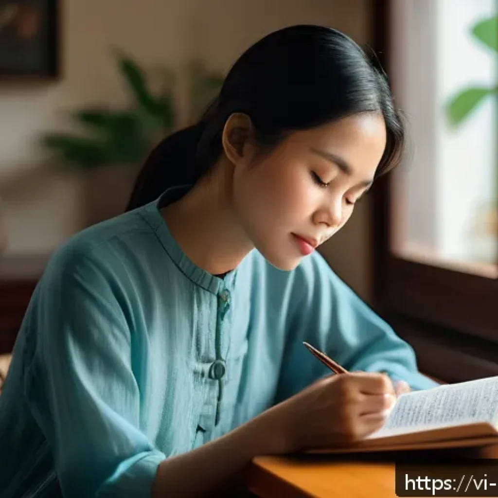 자기 돌봄을 위한 피드백 수집하기 - A Vietnamese woman sitting peacefully in a cozy living room, journaling her emotions and health prog...