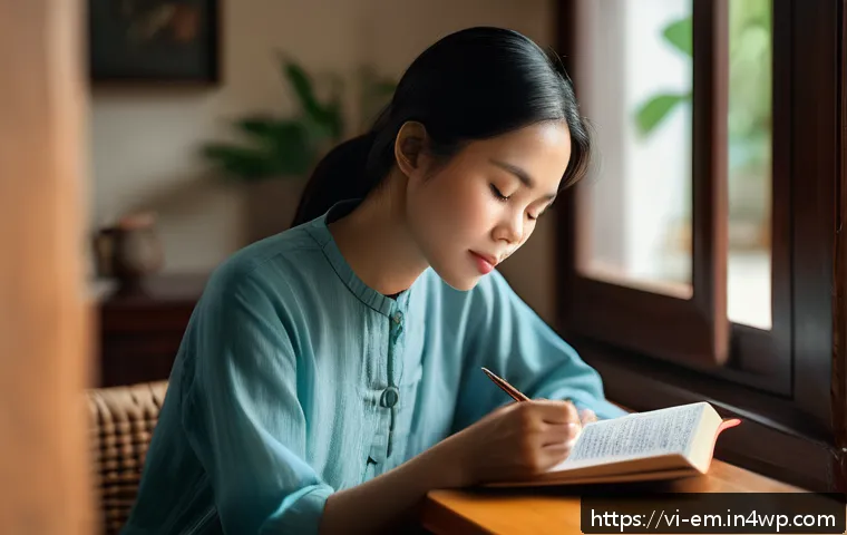 자기 돌봄을 위한 피드백 수집하기 - A Vietnamese woman sitting peacefully in a cozy living room, journaling her emotions and health prog...