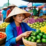 Home 22 자기 돌봄을 위한 일상에서의 작은 변화 - A vibrant Vietnamese morning market scene with fresh natural foods prominently displayed: colorful b...
