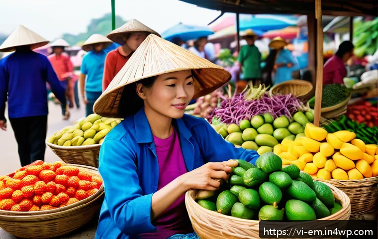자기 돌봄을 위한 일상에서의 작은 변화 - A vibrant Vietnamese morning market scene with fresh natural foods prominently displayed: colorful b...