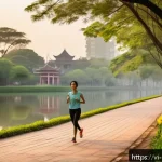 Home 21 자기 돌봄의 필요성에 대한 심리학적 접근 - A serene urban park scene in Hanoi during early morning light, featuring a Vietnamese woman in modes...