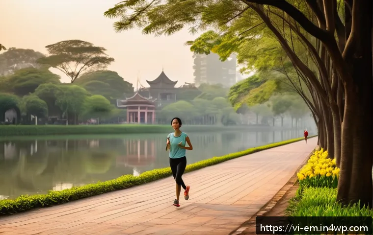 자기 돌봄의 필요성에 대한 심리학적 접근 - A serene urban park scene in Hanoi during early morning light, featuring a Vietnamese woman in modes...