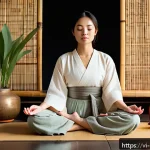Home 20 자기 돌봄을 위한 온라인 코스 추천 - A serene indoor meditation scene featuring a young Vietnamese woman sitting cross-legged on a tradit...
