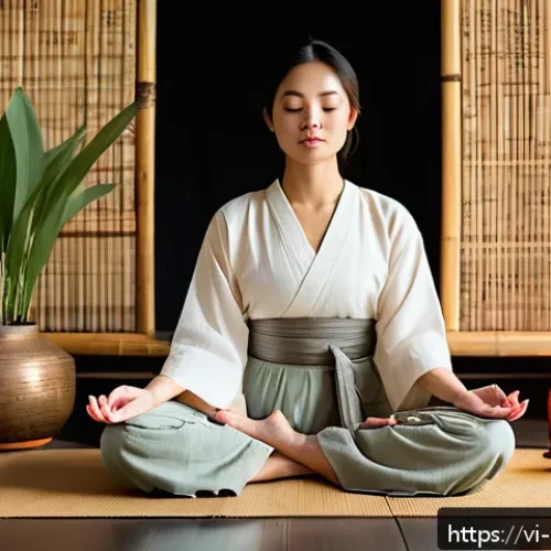 Home 32 자기 돌봄을 위한 온라인 코스 추천 - A serene indoor meditation scene featuring a young Vietnamese woman sitting cross-legged on a tradit...