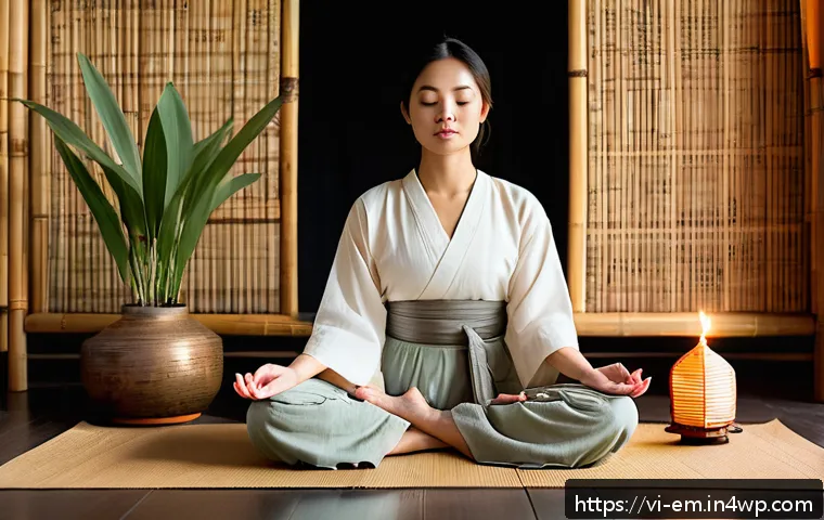 자기 돌봄을 위한 온라인 코스 추천 - A serene indoor meditation scene featuring a young Vietnamese woman sitting cross-legged on a tradit...