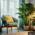 Home 19 자기 돌봄을 위한 긍정적인 환경 조성하기 - A cozy, small reading nook inside a modern Vietnamese living room, featuring a comfortable cushioned...