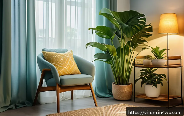 자기 돌봄을 위한 긍정적인 환경 조성하기 - A cozy, small reading nook inside a modern Vietnamese living room, featuring a comfortable cushioned...