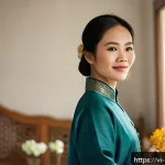 Home 18 자기 돌봄을 위한 긍정적인 자기 대화 연습 - A serene Vietnamese woman in her 30s practicing positive self-talk in front of a mirror inside a coz...