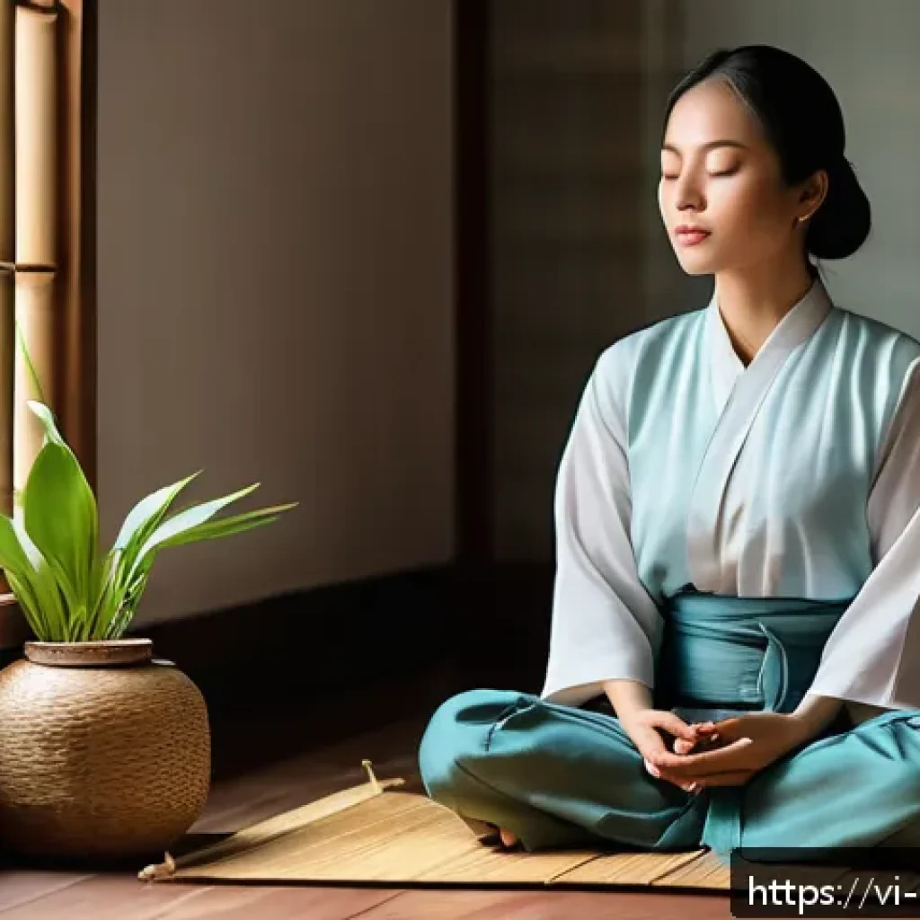 자기 돌봄을 위한 체계적인 계획 세우기 - A serene Vietnamese woman practicing mindfulness meditation in a cozy, sunlit room decorated with tr...