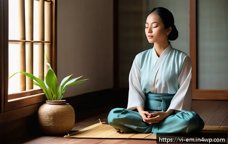 자기 돌봄을 위한 체계적인 계획 세우기 - A serene Vietnamese woman practicing mindfulness meditation in a cozy, sunlit room decorated with tr...