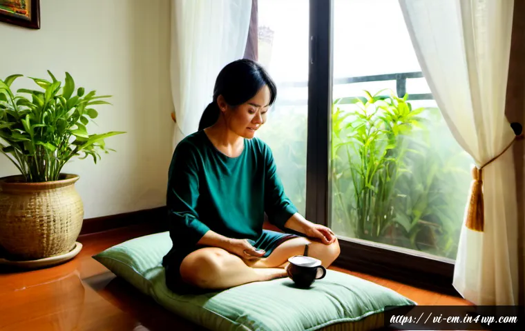Home 17 자기 돌봄을 위한 맞춤형 주의 기법 - Photorealistic self-care mindfulness scene in a peaceful Vietnamese apartment, a middle-aged Vietnam...
