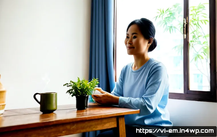 Home 26 자기 돌봄과 자기 수용의 관계 - Photorealistic Vietnamese woman in her early 40s practicing gentle self-care at home, seated comfort...