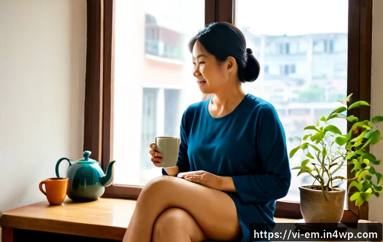 Home 15 자기 돌봄과 사회적 고립 예방 - Photorealistic Vietnamese woman in her early 60s practicing gentle morning self-care in a tidy sunli...